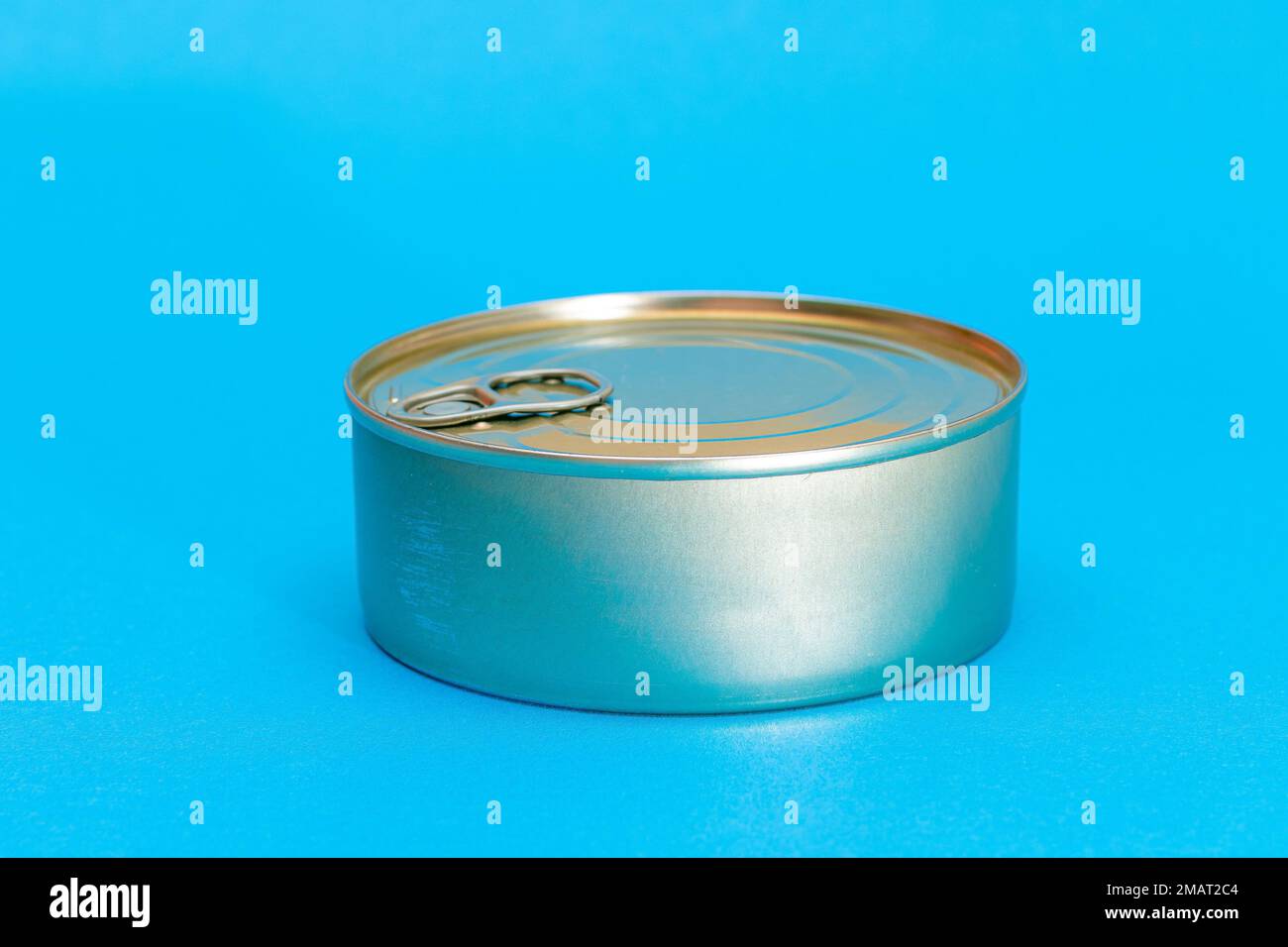 Unopened Tin Can with Blank Edge on Light Blue Background. Canned Food