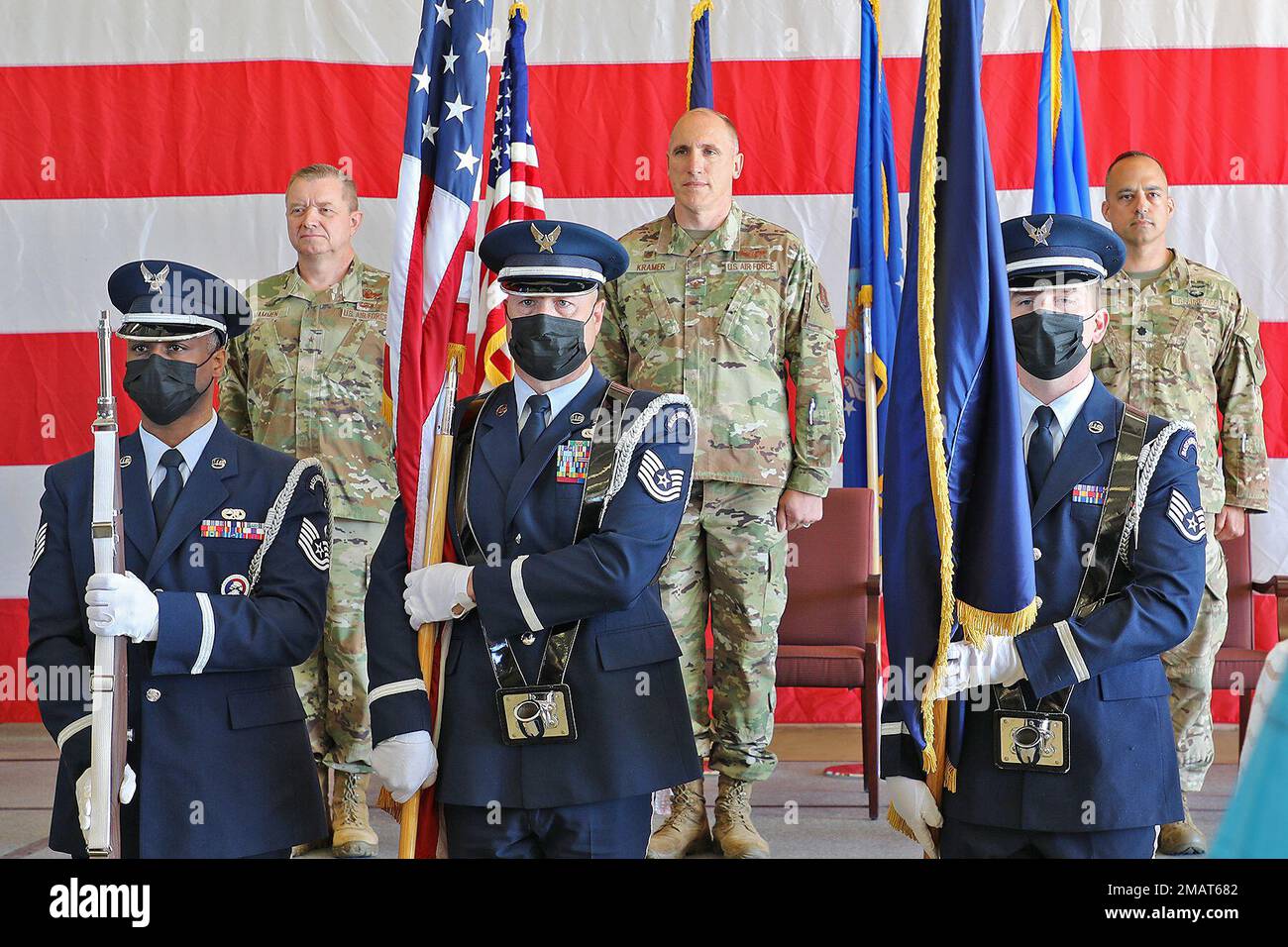 Brig. Gen. Rolf Mammen, commander of the 127th Wing, stands at attention Col. Daniel Kramer, and Lt. Col. Sam Trapasso prior to the 127th Mission Support Group Change of Command ceremony at Selfridge Air National Guard Base, June 4, 2022. Stock Photo