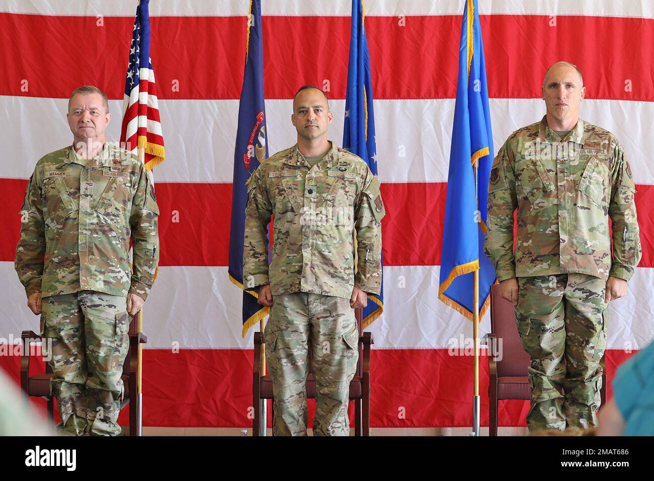 Brig. Gen. Rolf Mammen, commander of the 127th Wing, stands at attention Col. Daniel Kramer, and Lt. Col. Sam Trapasso following to the 127th Mission Support Group Change of Command ceremony at Selfridge Air National Guard Base, June 4, 2022. Trapasso took command of the 127th Mission Group at the ceremony. Stock Photo