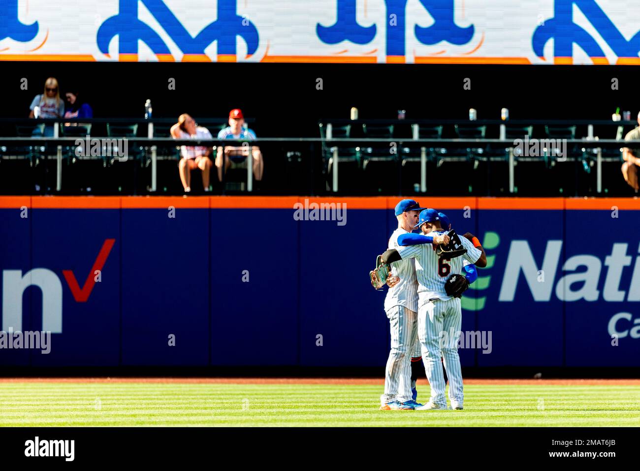 FLUSHING, NY - JUNE 01: New York Mets Right Fielder Starling Marte (6) arms  bumps New York Mets Left Fielder Mark Canha (19) to congratulate him for  hitting a home run during