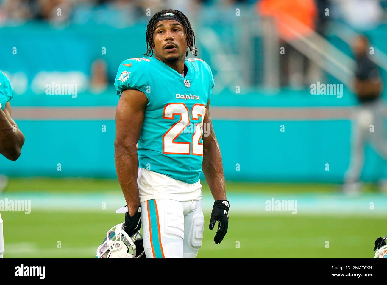 Miami Dolphins safety Elijah Campbell (22) stands on the field before a NFL  preseason football game against the Las Vegas Raiders126, Saturday, August  20, 2022, in Miami Gardens, Fla. (AP Photo/Wilfredo Lee
