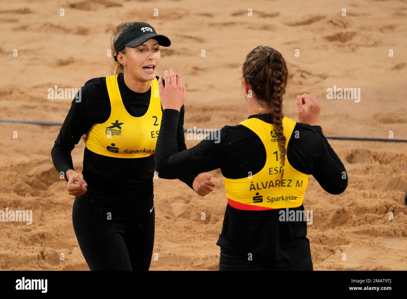Spain's Daniela Alvarez Mendoza, right, and Tania Moreno Matveeva react