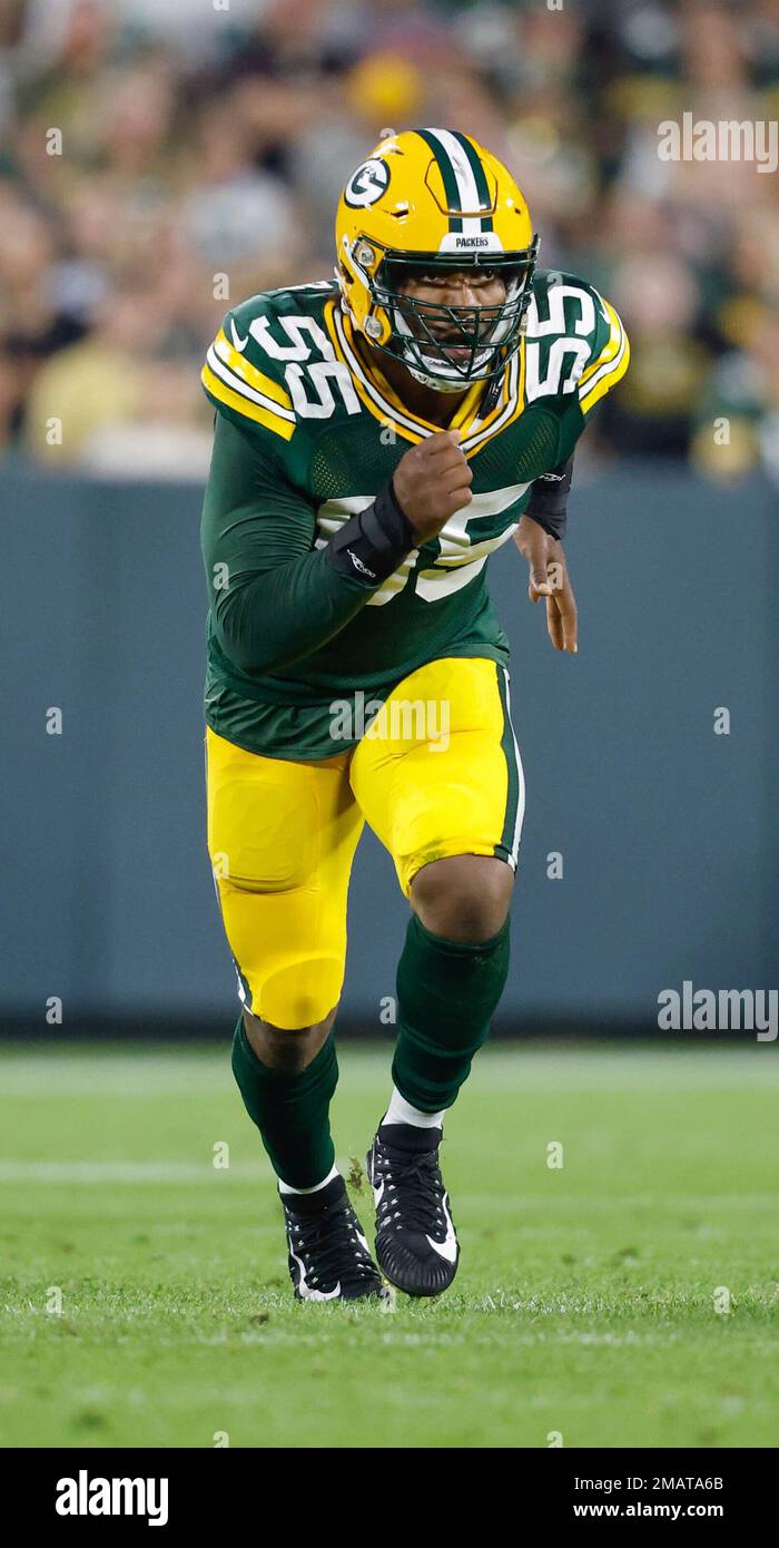 Green Bay Packers linebacker Kingsley Enagbare (55) lines up for the play  during a preseason NFL football game against the Cincinnati Bengals on  Friday, Aug. 11, 2023, in Cincinnati. (AP Photo/Emilee Chinn