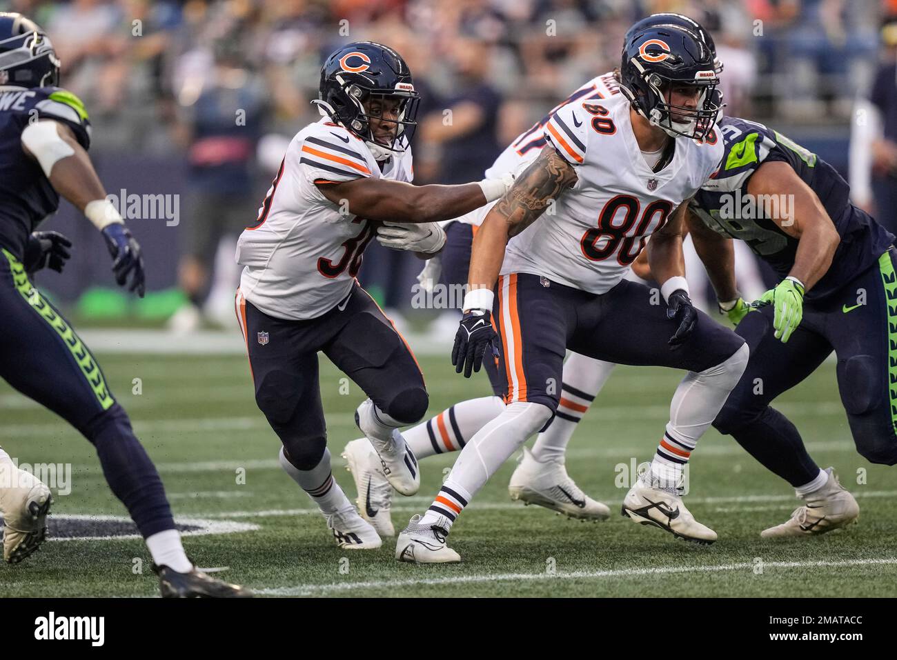 Chicago Bears running back De'Montre Tuggle runs with the ball during an  NFL preseason football game against the Seattle Seahawks, Thursday, Aug.  18, 2022, in Seattle. The Bears won 27-11. (AP Photo/Stephen