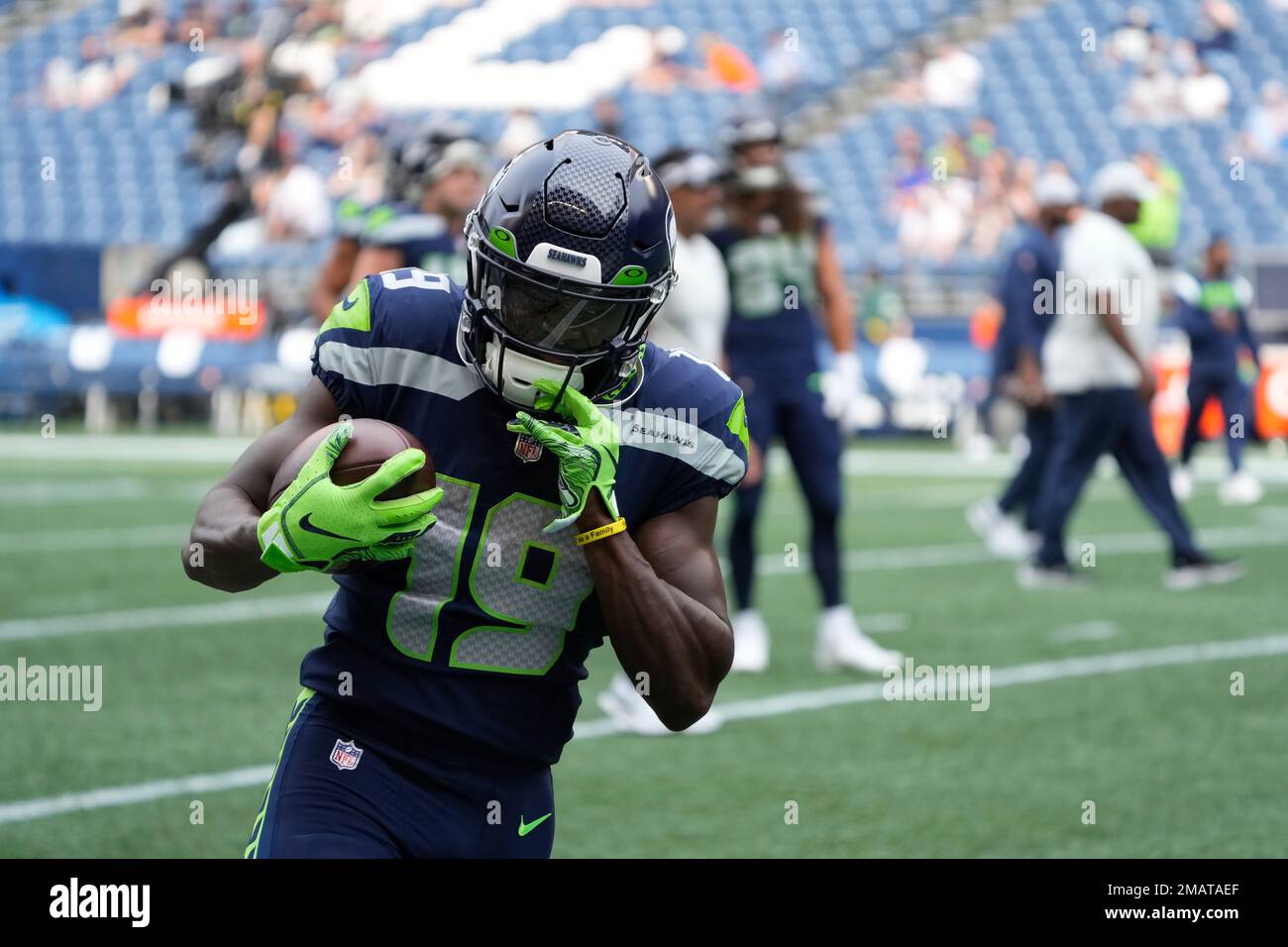 Seattle Seahawks wide receiver Penny Hart runs with the during warmups  befdore an NFL preseason football game against the Chicago Bears, Thursday,  Aug. 18, 2022, in Seattle. The Bears won 27-11. (AP