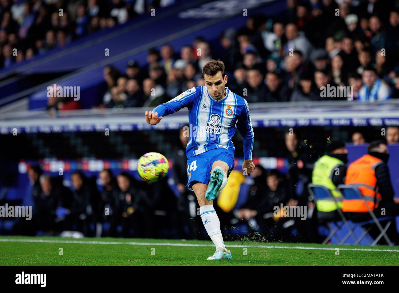 BARCELONA - JAN 7: Brian Olivan in action at the LaLiga match between RCD Espanyol and Girona FC at the RCDE Stadium on January 7, 2023 in Barcelona, Stock Photo