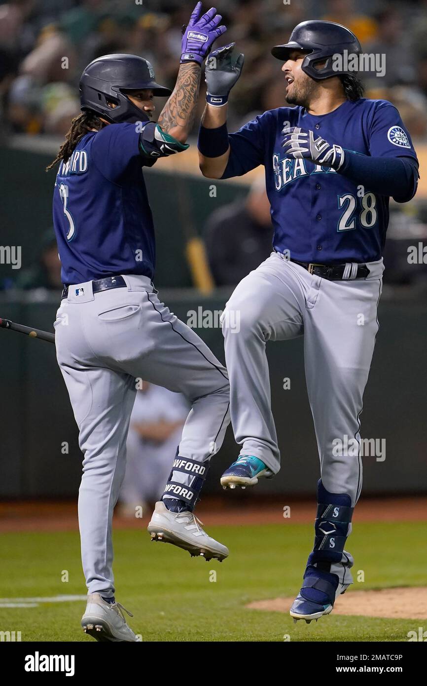 Seattle Mariners' Julio Rodriguez during a baseball game against the  Oakland Athletics in Oakland, Calif., Friday, Aug. 19, 2022. (AP Photo/Jeff  Chiu Stock Photo - Alamy