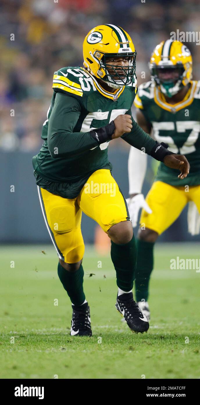 Green Bay Packers linebacker Kingsley Enagbare (55) rushes during an NFL  Preseason game against the New Orleans Saints Friday, Aug. 19, 2022, in Green  Bay, Wis. (AP Photo/Jeffrey Phelps Stock Photo - Alamy