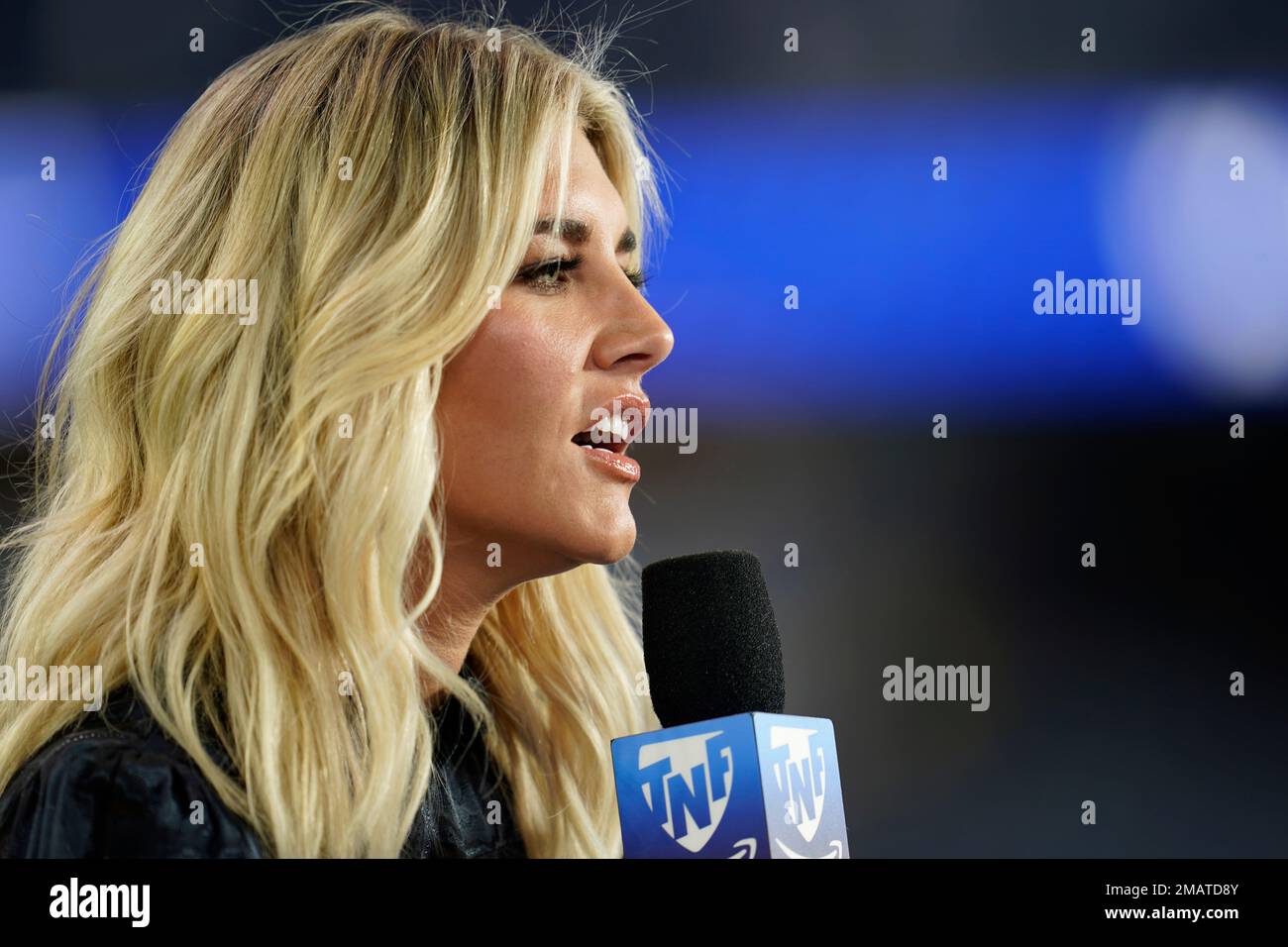 Reporter Charissa Thompson talks in the Amazon Prime Video broadcast booth before a preseason NFL football game between the Los Angeles Rams and the Houston Texans Friday, Aug