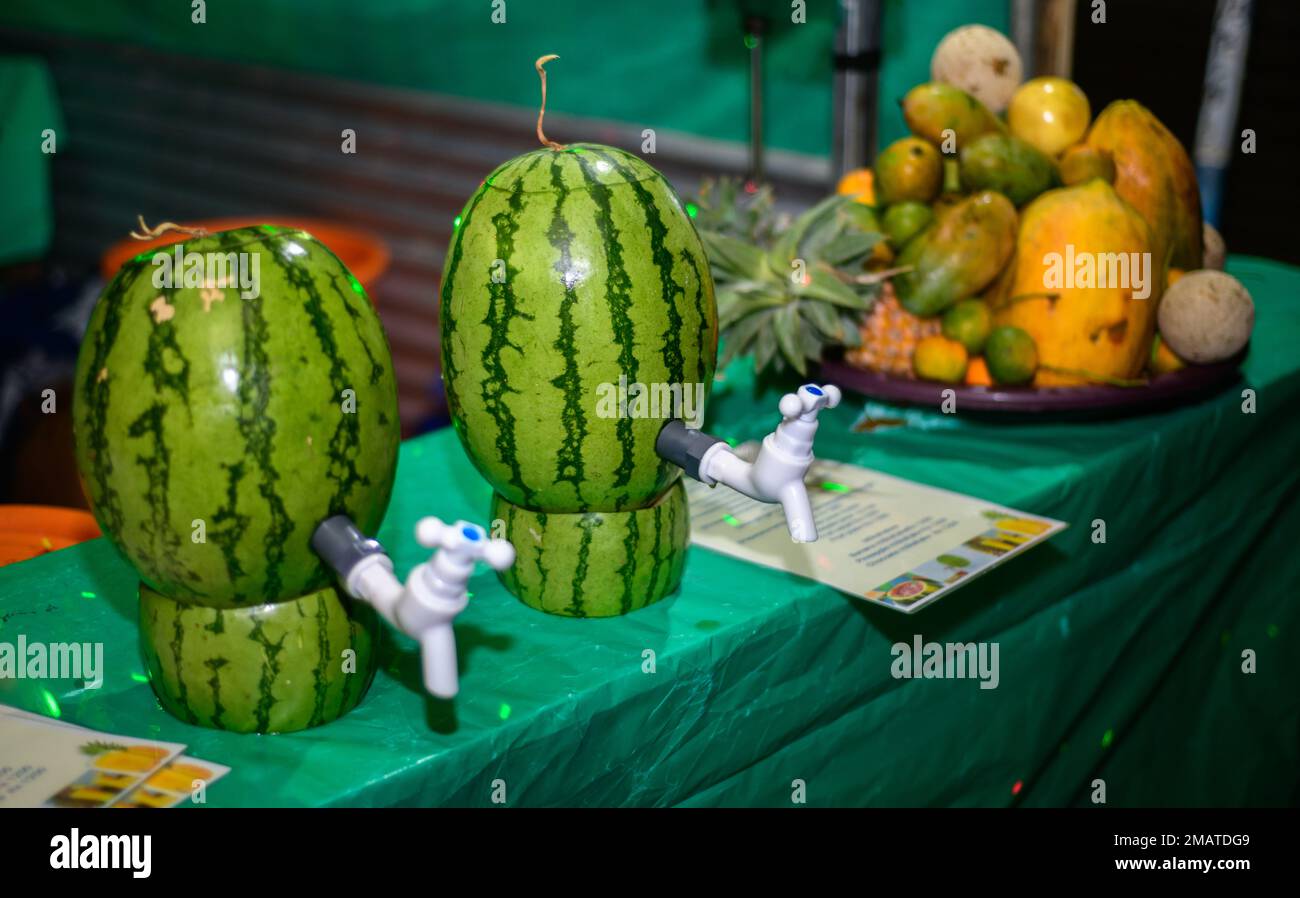 Watermelon cocktail drink stopcock tap on a table top. Stock Photo