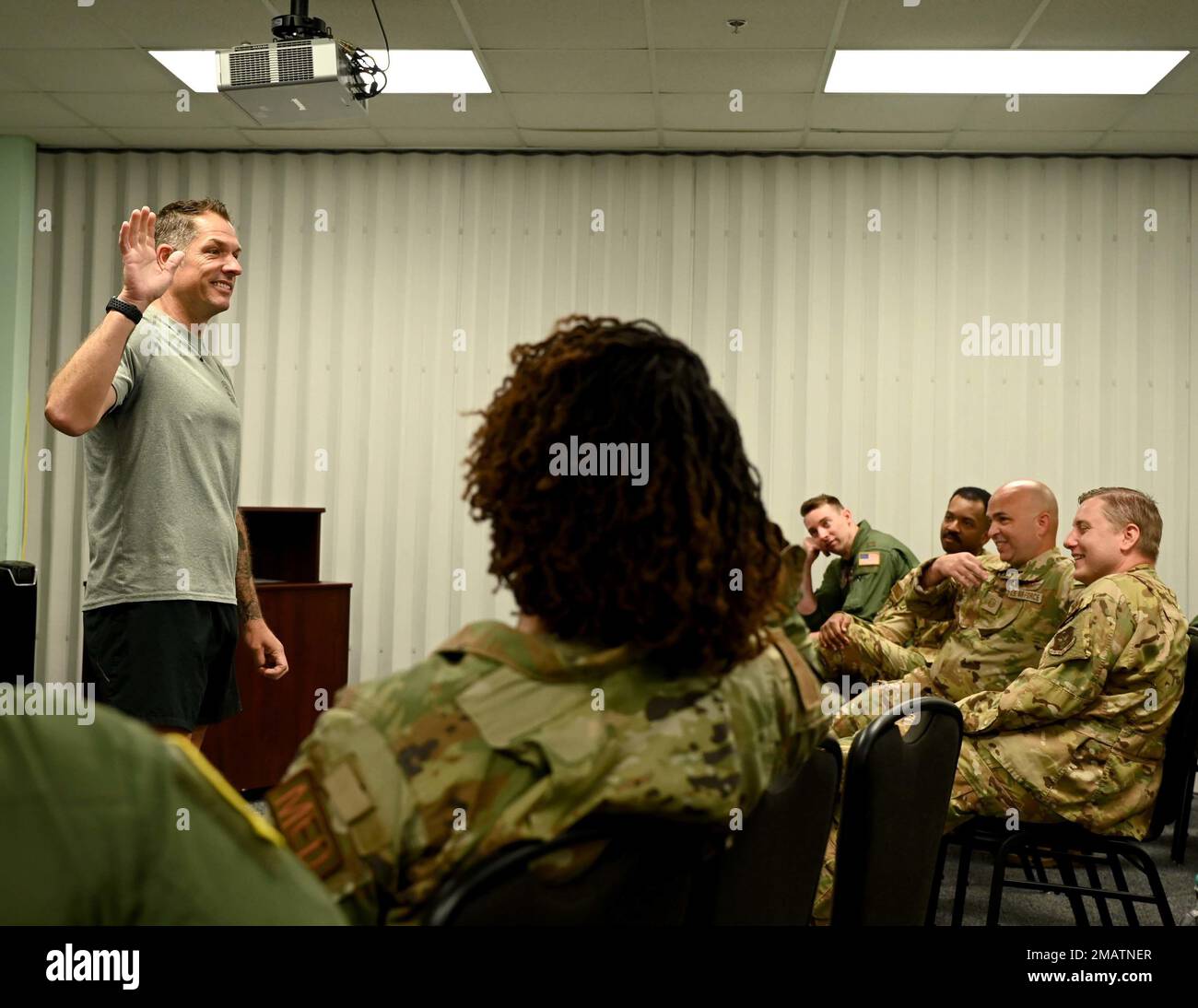 Master Sgt. Brandon Klein, a Survival, Evasion, Resistance, and Escape Specialist with the 94th Operations Support Squadron at Dobbins Air Reserve Base, Georgia, gives instructions on water survival training to the members of the 908th Aeromedical Evacuation Squadron with the 908th Airlift Wing, Alabama, June 4th, 2022, at Maxwell Air Force Base, Alabama. The purpose of the training was to refresh Airmen on what to do in the event of a water-related emergency. Stock Photo