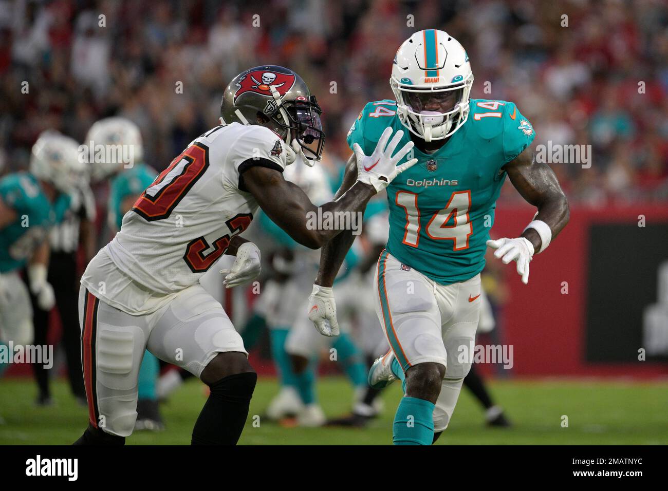 Miami Dolphins wide receiver Trent Sherfield (14) is defended by Tampa
