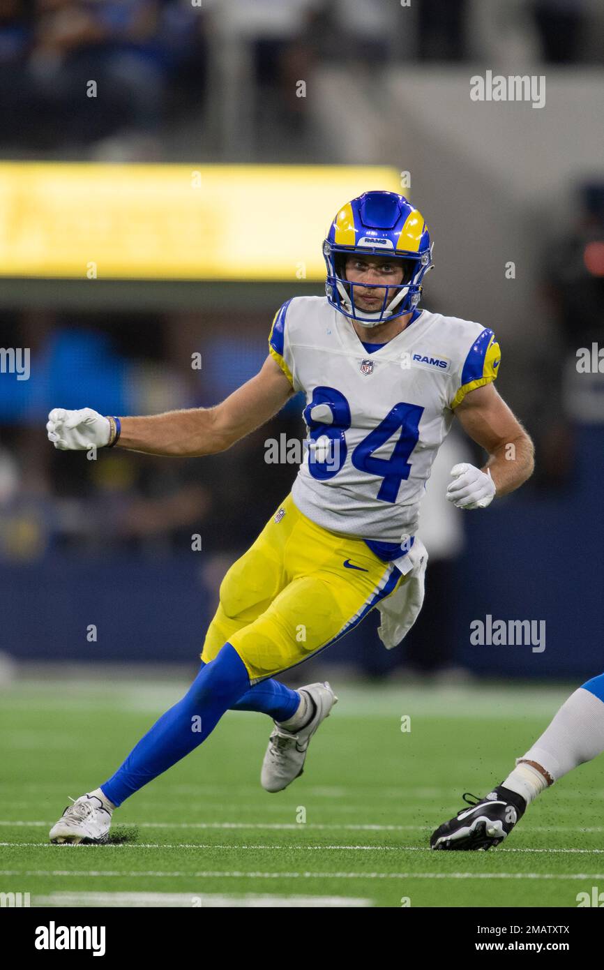 Los Angeles Rams wide receiver Landen Akers (84) runs a route while playing the Los Angeles Chargers during an NFL preseason Football Game Saturday, Aug. 13, 2022, in Inglewood, Calif. (AP Photo/John McCoy) Stock Photo
