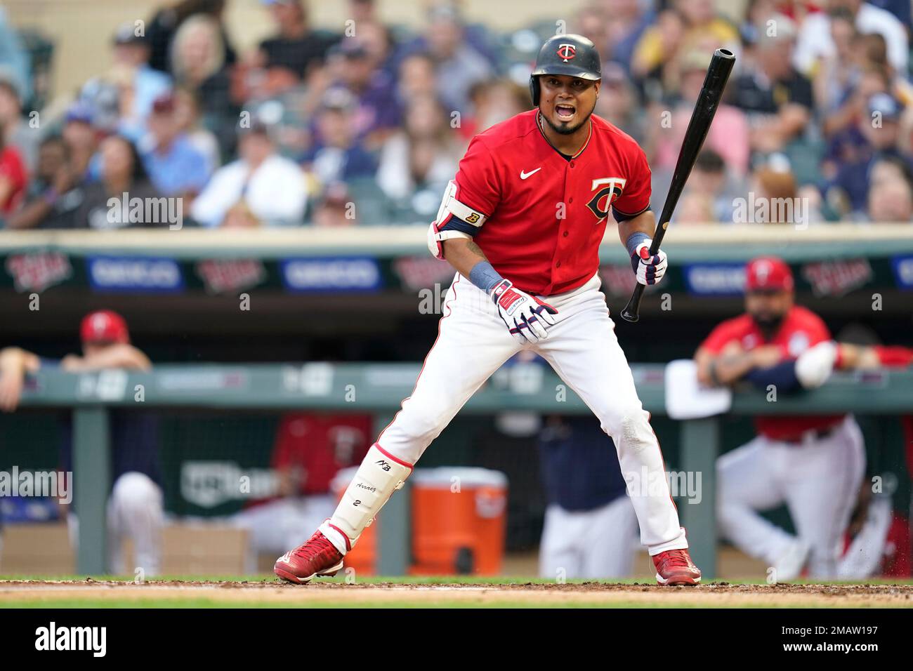 Minnesota Twins' Luis Arraez reacts after hitting a single during the sixth  inning of a baseball game against the Tampa Bay Rays, Saturday, June 11,  2022, in Minneapolis. (AP Photo/Stacy Bengs Stock