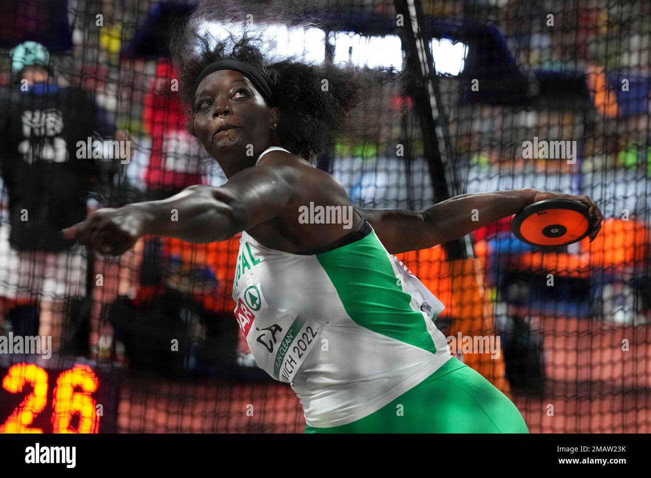 Liliana Ca, of Portugal, makes an attempt in the Women's discus throw