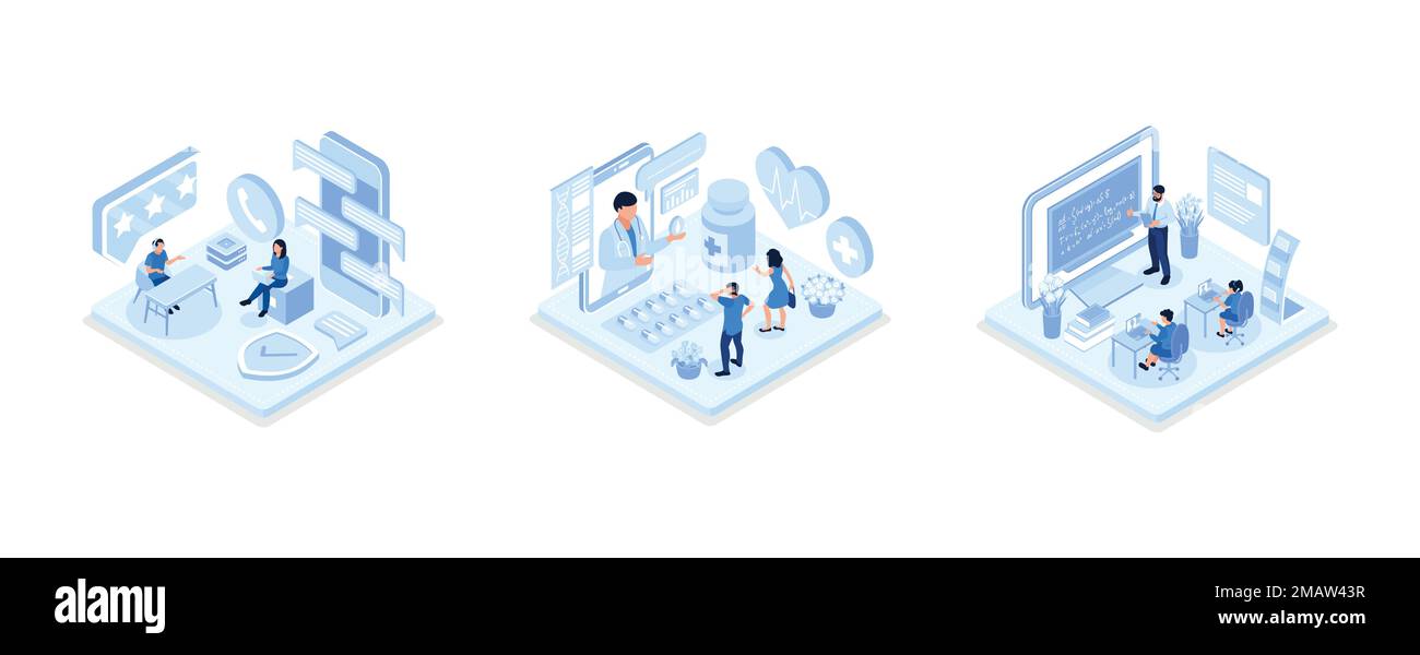 Call center concept, Doctor online concept with character,Student Learning Online at Home, isometric vector modern illustration Stock Vector
