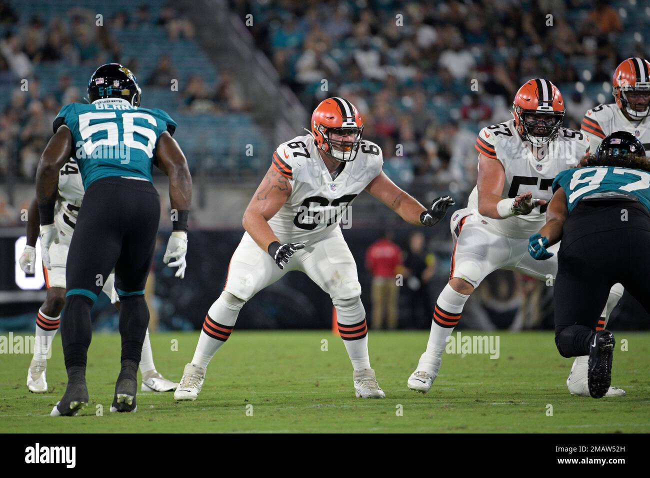 Cleveland Browns offensive tackle Ben Petrula (67) looks to make a block  during an NFL preseason football game against the Philadelphia Eagles,  Sunday, Aug. 21, 2022, in Cleveland. (AP Photo/Kirk Irwin Stock