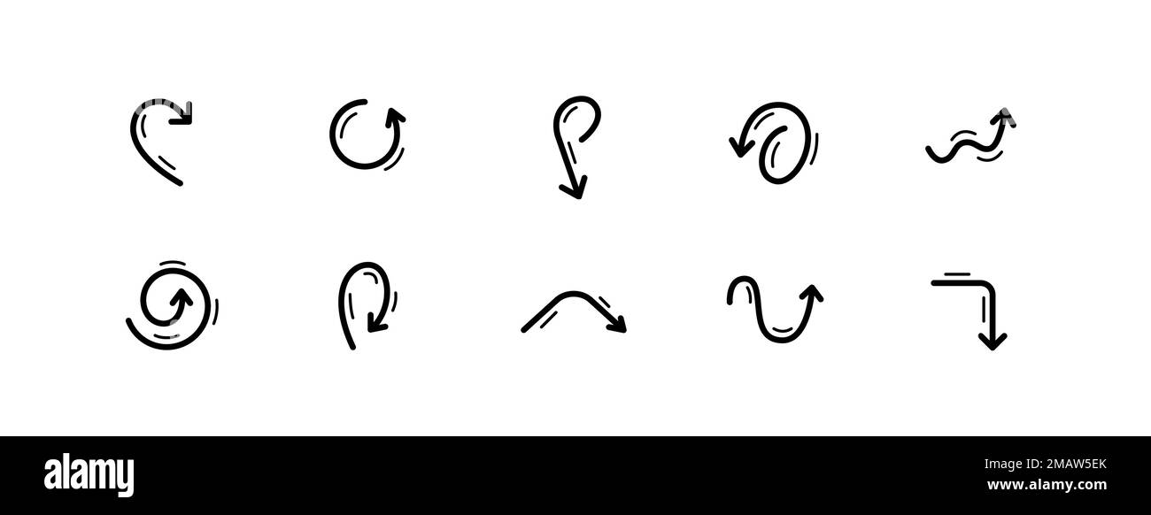 10 pixel perfect arrow icons. Doodle user interface. Set 5 Stock Vector