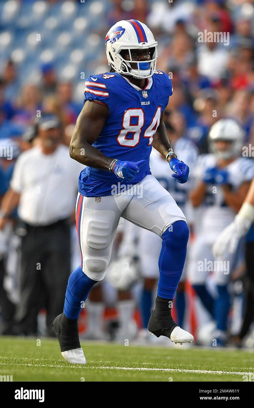 Buffalo Bills tight end Jalen Wydermyer (84) is blocked by Indianapolis  Colts tight end Nikola Kalinic (48) and Indianapolis wide receiver Samson  Nacua (86) during the second half of a preseason NFL football game in  Orchard Park, N.Y., Saturday, Aug. 1