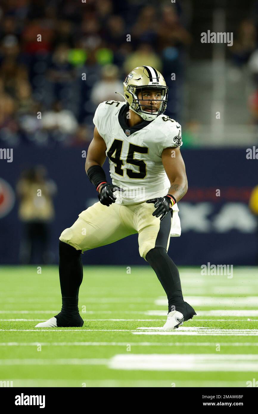 New Orleans Saints linebacker Nephi Sewell (45) drops in coverage during an  NFL preseason game against the Houston Texans on Saturday, August 13, 2022,  in Houston. (AP Photo/Matt Patterson Stock Photo - Alamy