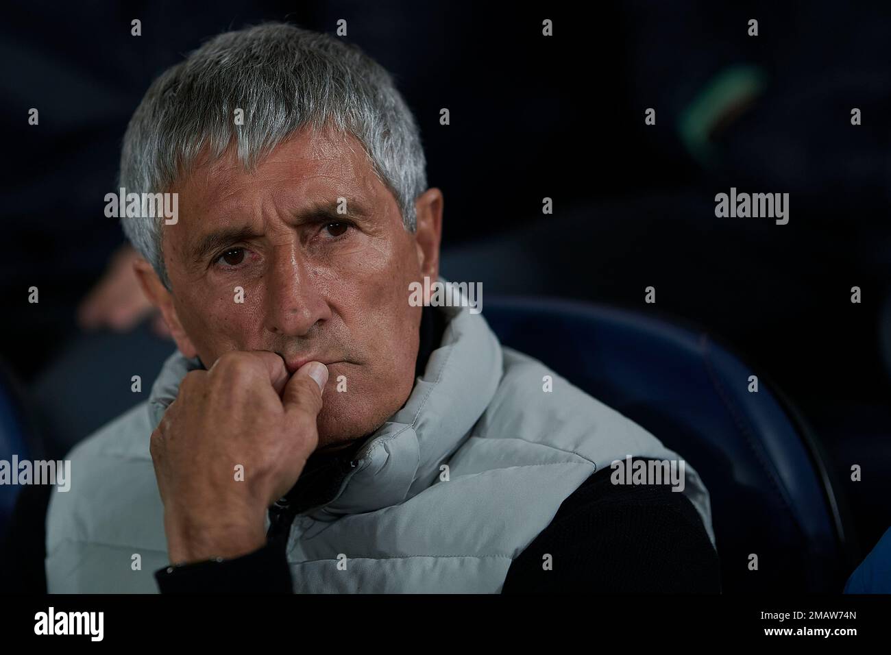 Villarreal, Spain. 19th Jan, 2023. Villarreal's head coach Quique Setien is seen during the Spanish Copa del Rey (King's Cup) round of 16 match between Villarreal CF and Real Madrid in Villarreal, Spain, Jan. 19, 2023. Credit: Str/Xinhua/Alamy Live News Stock Photo