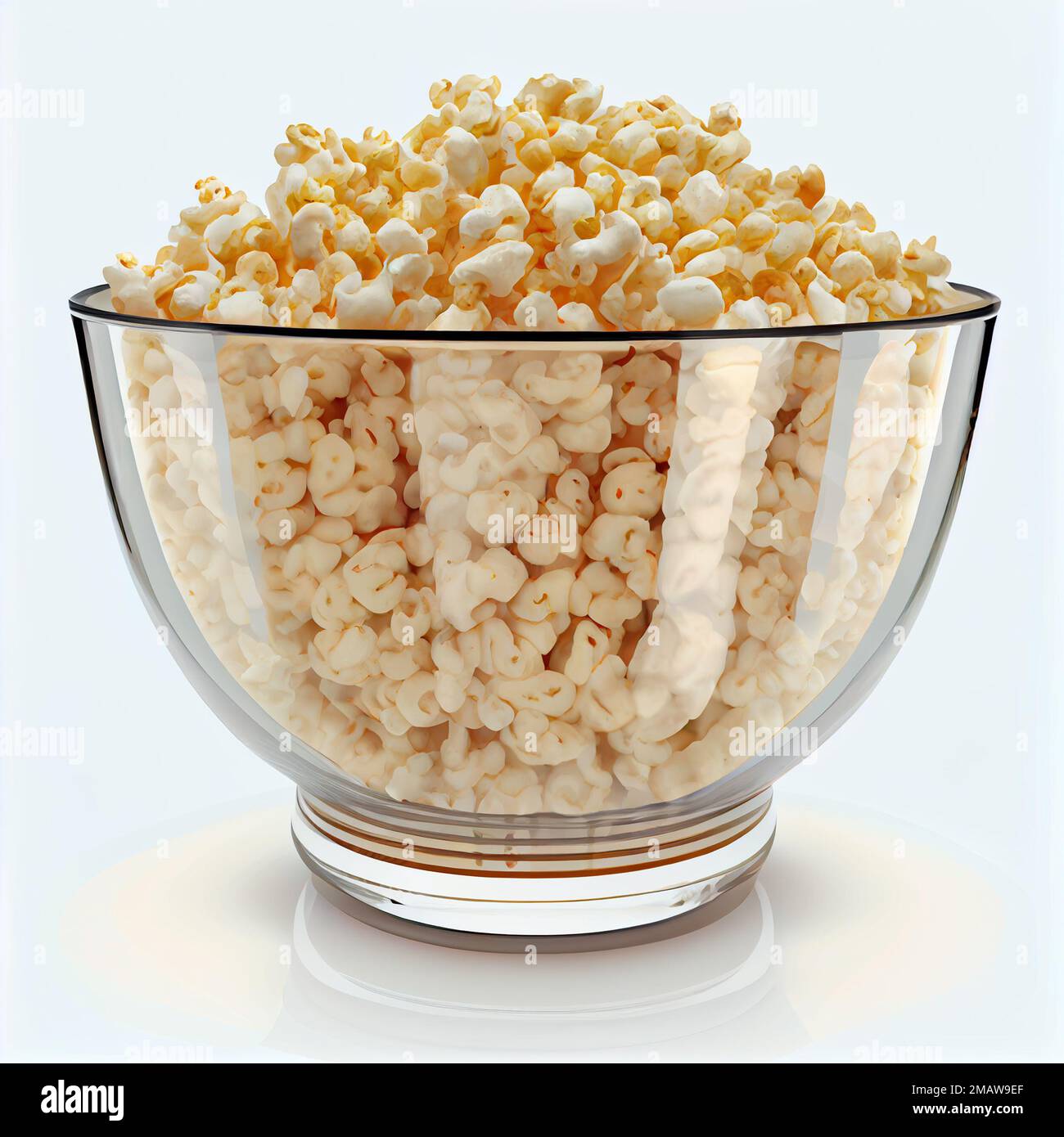 Popcorn flakes in glass bowl. Isolated 3d realistic transparent cup