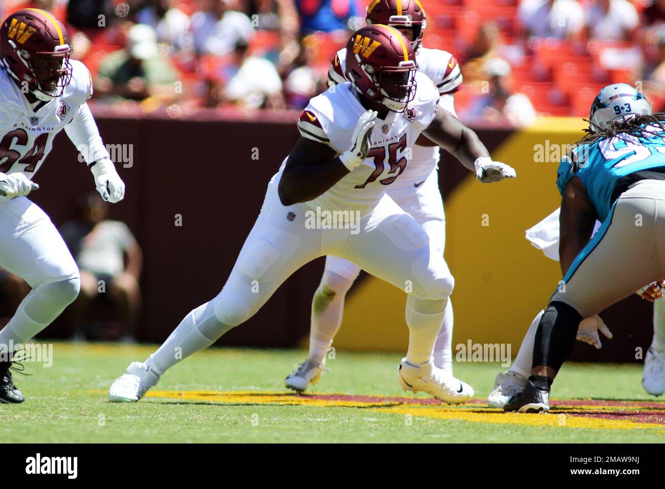 Washington Commanders guard Chris Paul (75) blocks during an NFL ...