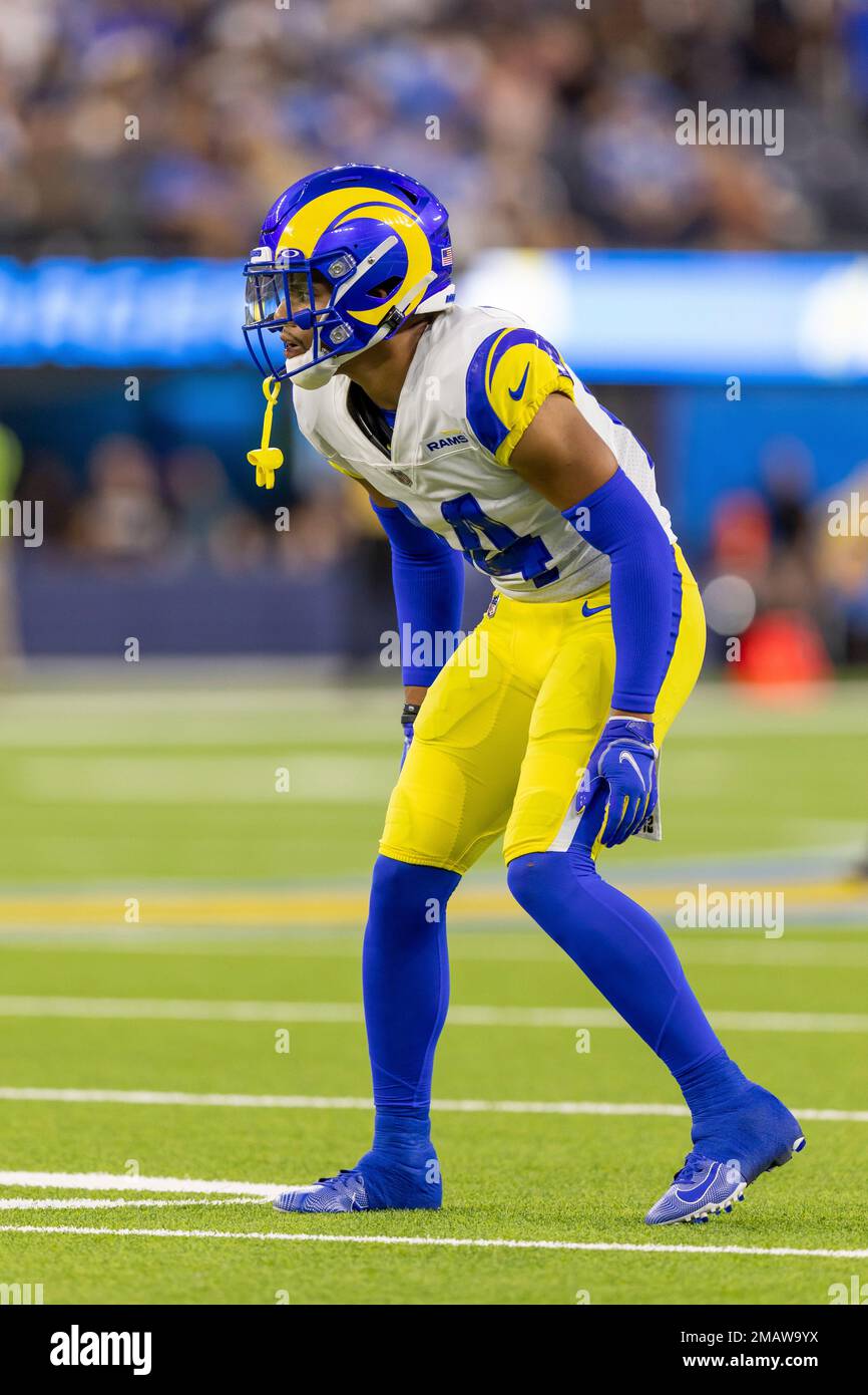 Los Angeles Rams cornerback Cobie Durant (14) enters the field before an  NFL game against the Las Vegas Raiders on Thursday, Dec. 8, 2022, in  Inglewood, Calif. (Dylan Stewart/Image of Sport/Sipa USA) (