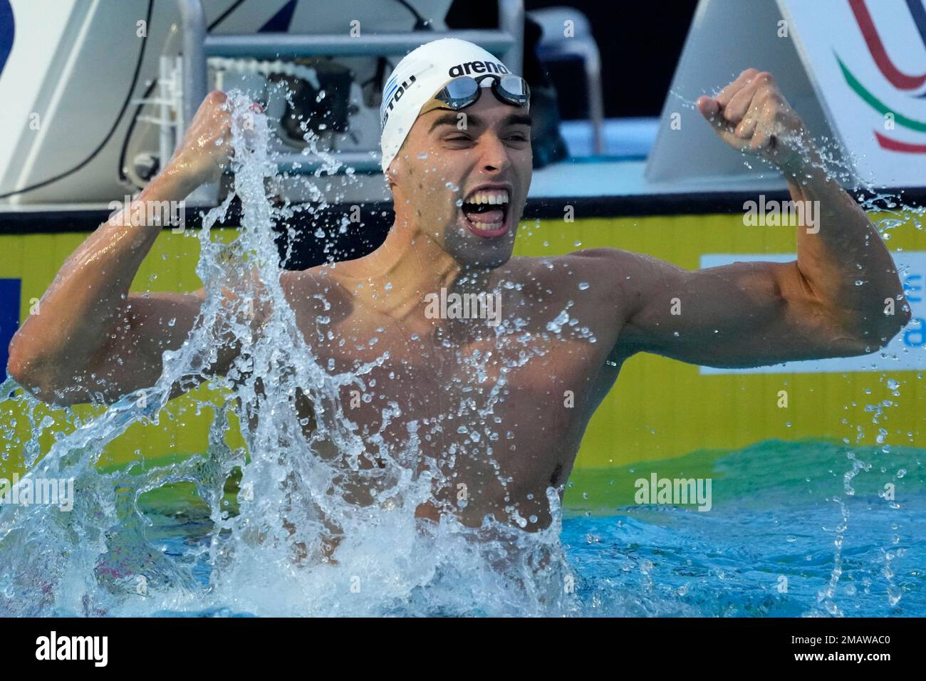 Apostolos Christou of Greececelebrates after winning the men's 50m