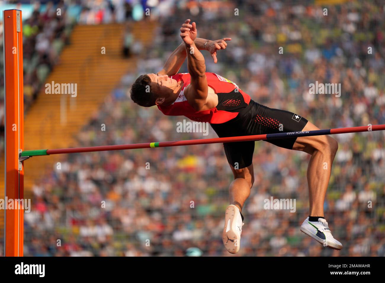 Simon Ehammer, of Switzerland, makes an attempt in the Men's decathlon high  jump during the athletics competition in the Olympic Stadium at the  European Championships in Munich, Germany, Monday, Aug. 15, 2022. (