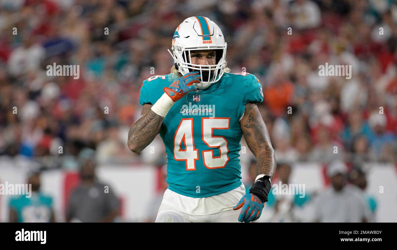 Miami Dolphins linebacker Duke Riley (45) sets up for a play during the  first half of a preseason NFL football game against the Tampa Bay  Buccaneers, Saturday, Aug. 13, 2022, in Tampa,