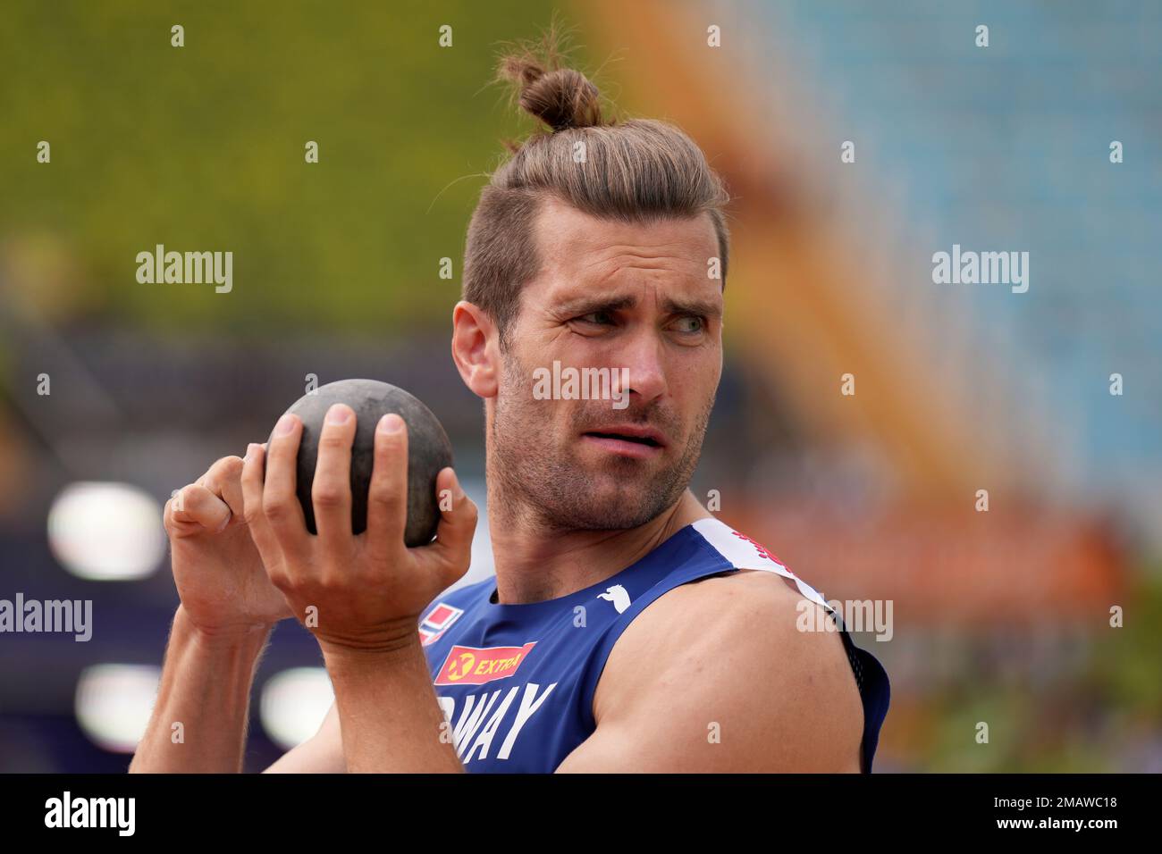 Martin Roe, of Norway, makes an attempt in the Men's decathlon shot put  during the athletics competition in the Olympic Stadium at the European  Championships in Munich, Germany, Monday, Aug. 15, 2022. (