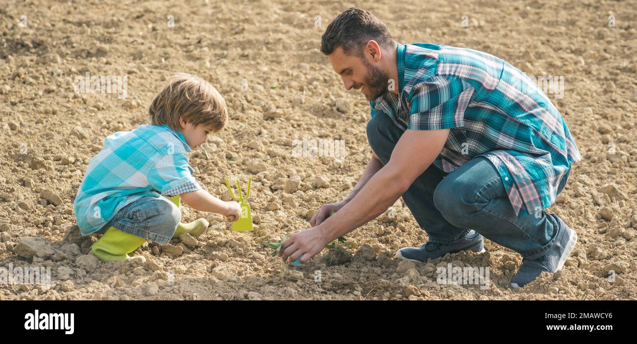 Spring farming. Dad and child boy farmers planting sprouts on farm