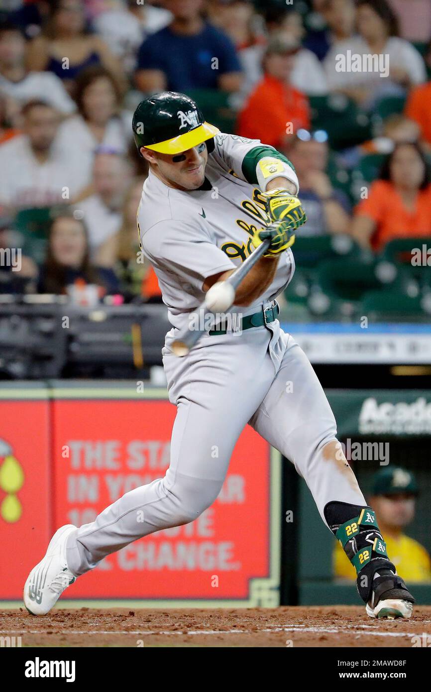 Oakland Athletics' Ramon Laureano connects during the fourth inning of