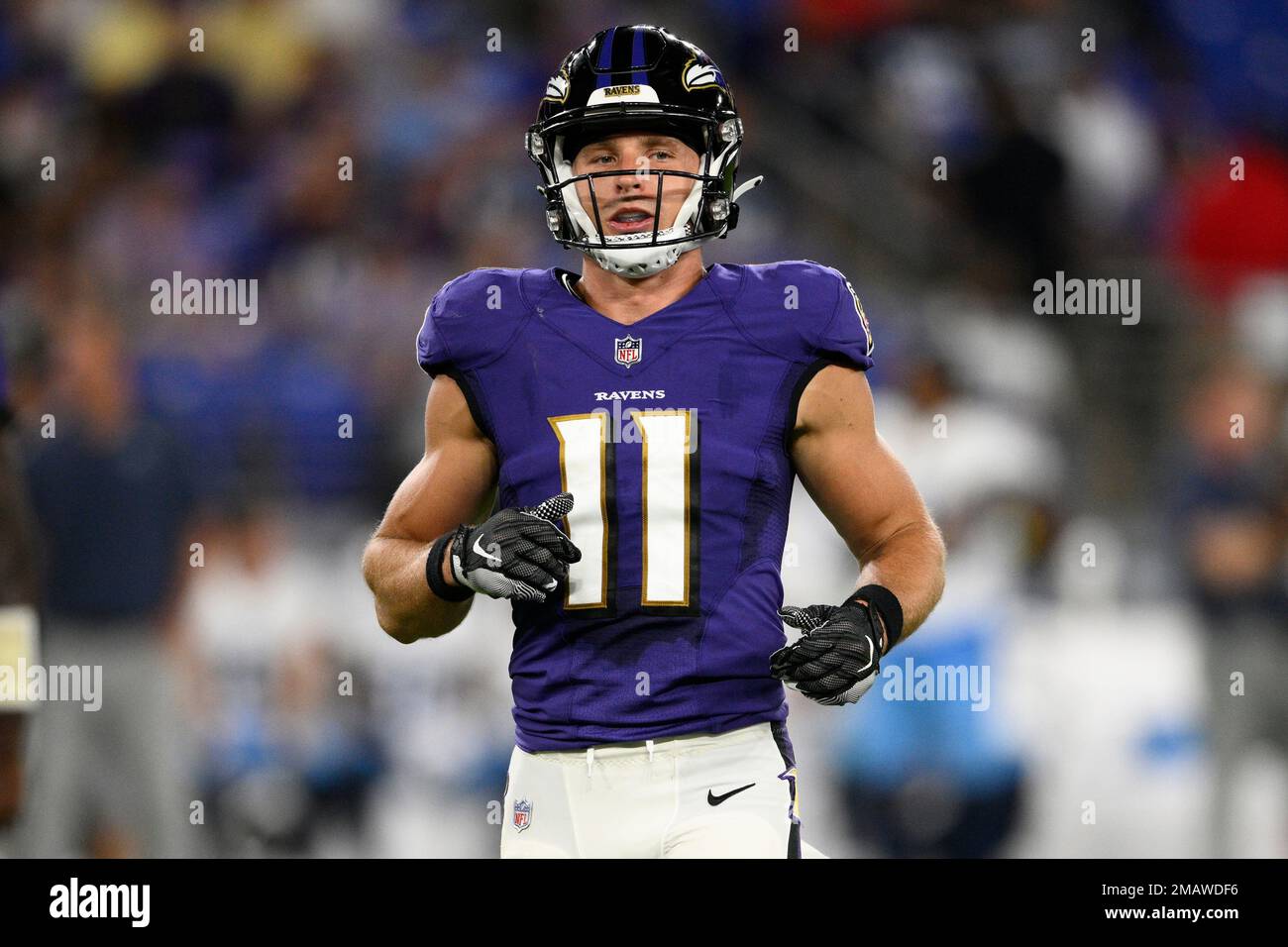 Wide receiver (85) Shemar Bridges of the Baltimore Ravens warms up before  playing against the Arizona Cardinals in an NFL preseason football game,  Sunday, Aug. 21, 2022, in Glendale, Ariz.(AP Photo/Jeff Lewis