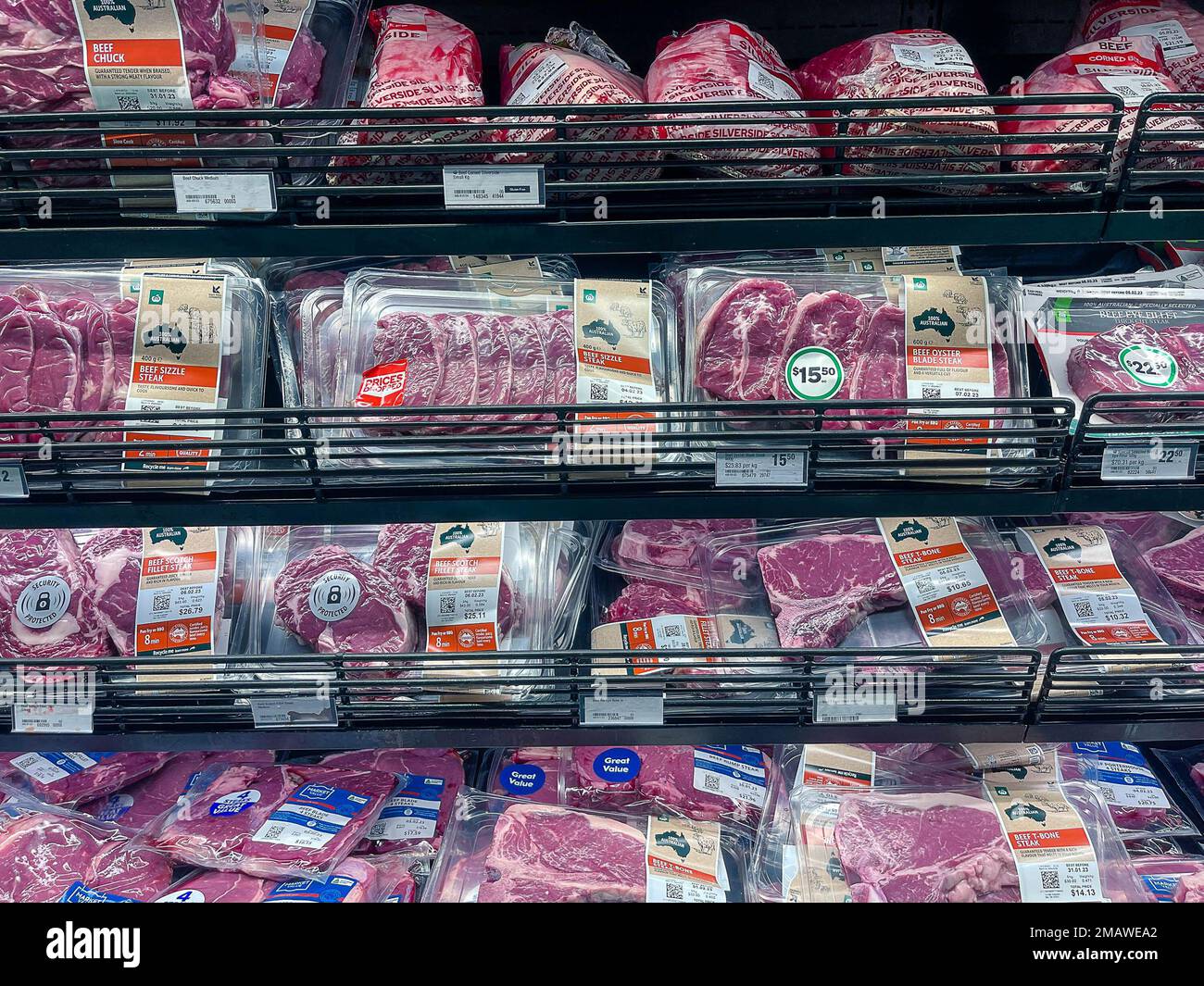 The meat section at a Woolworths Supermarket in Brisbane, Friday