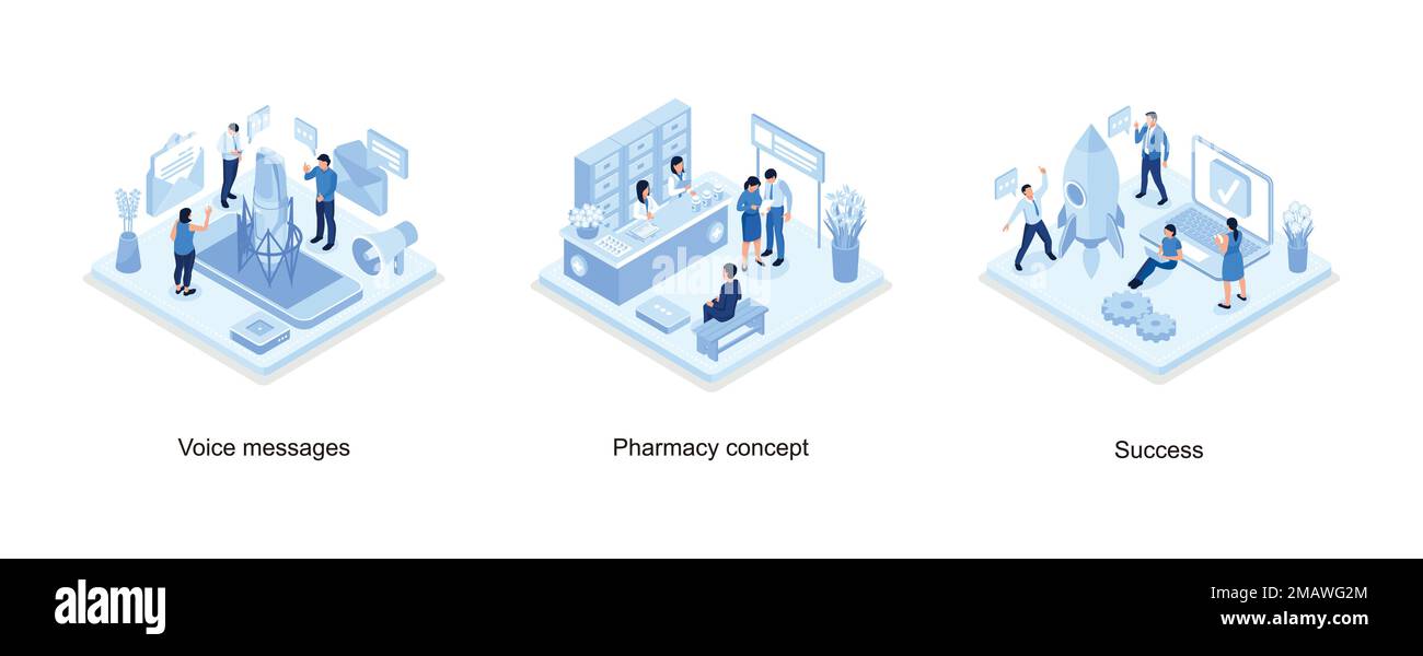 Voice messages concept with character and text place, Doctor pharmacist and patient in drugstore, Startup concept with rocket launch, isometric vector Stock Vector