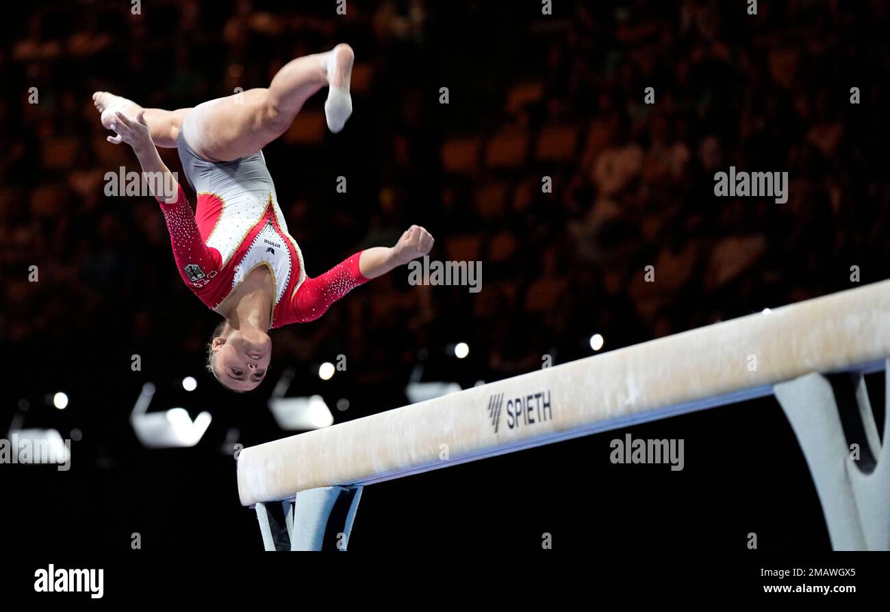 Germany's Emma Leonie Malewski competes during the women's balance beam
