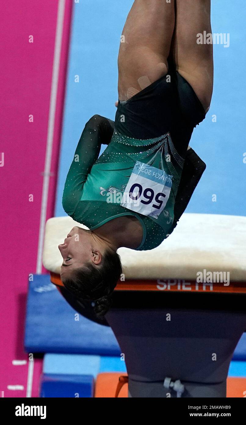 Hungary's Zsofia Kovacs competes in the women's vault final during the