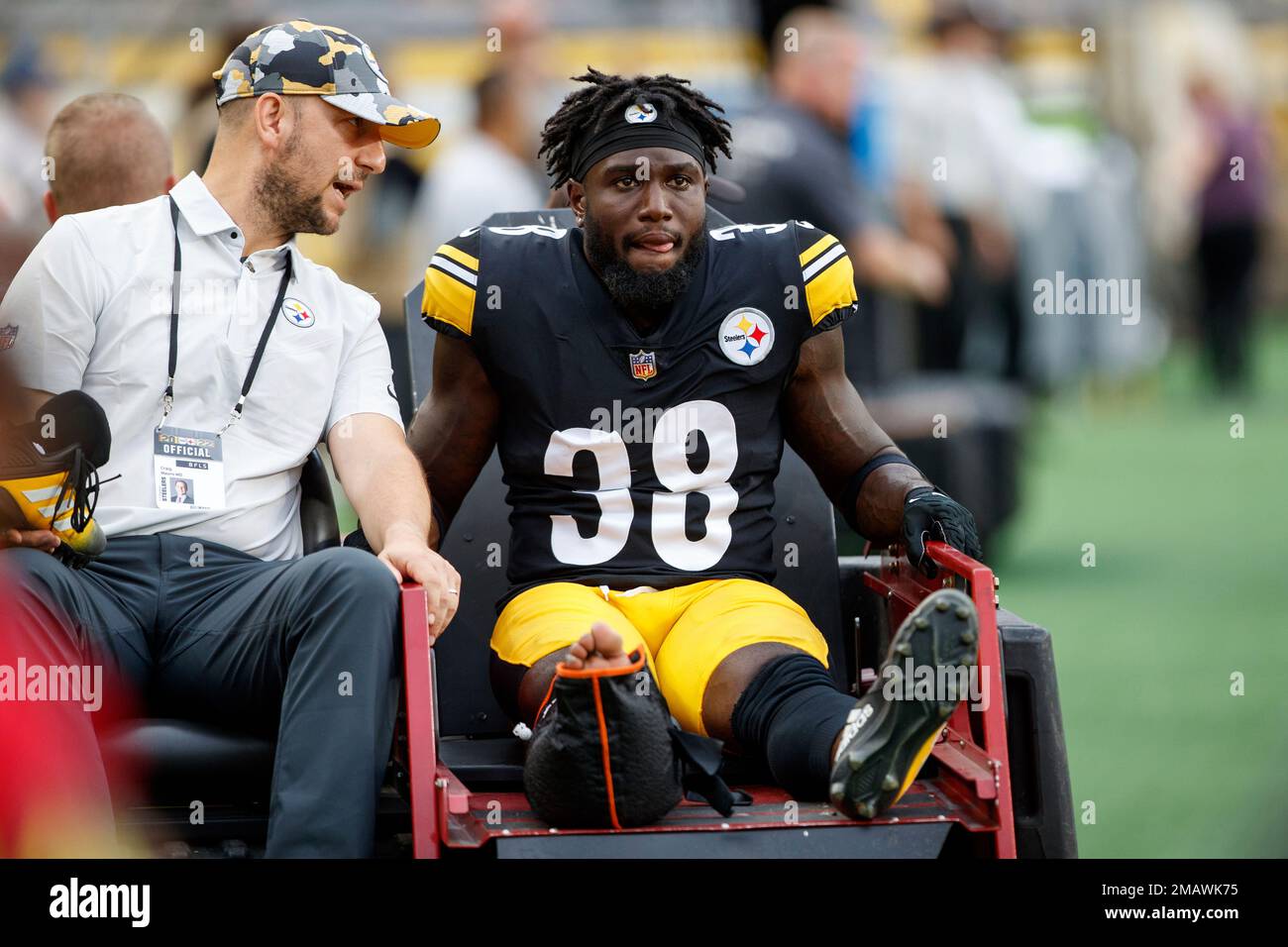 Pittsburgh Steelers safety Karl Joseph (38) is carted from the field after  being injured playing against the Seattle Seahawks during the first half of  an NFL preseason football game, Saturday, Aug. 13