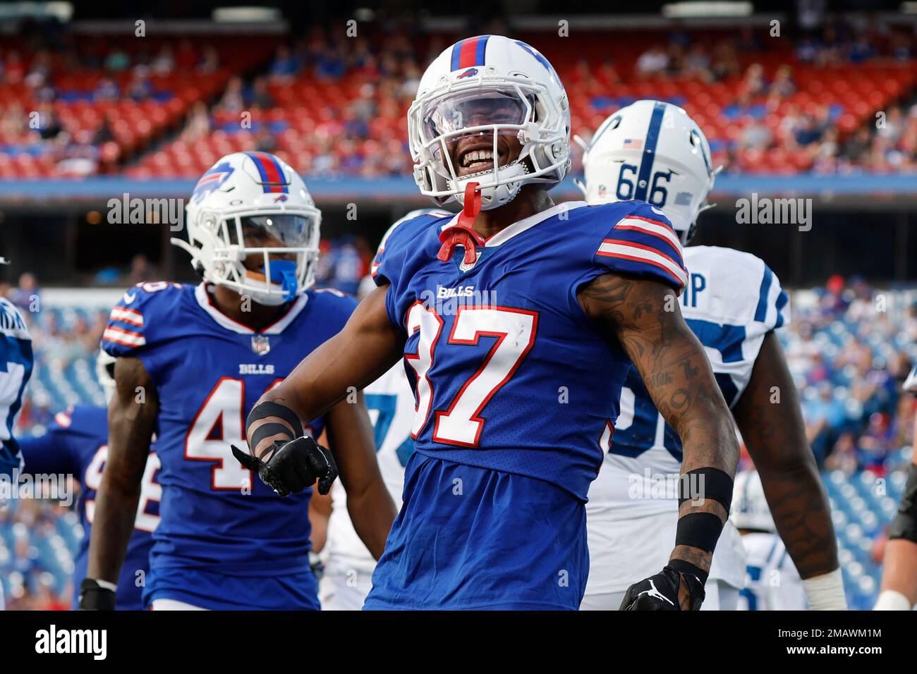 Buffalo Bills cornerback Olaijah Griffin (37) celebrates a tackle in the  second half of a preseason NFL football game against the Indianapolis  Colts, Saturday, Aug. 13, 2022, in Orchard Park, N.Y. The