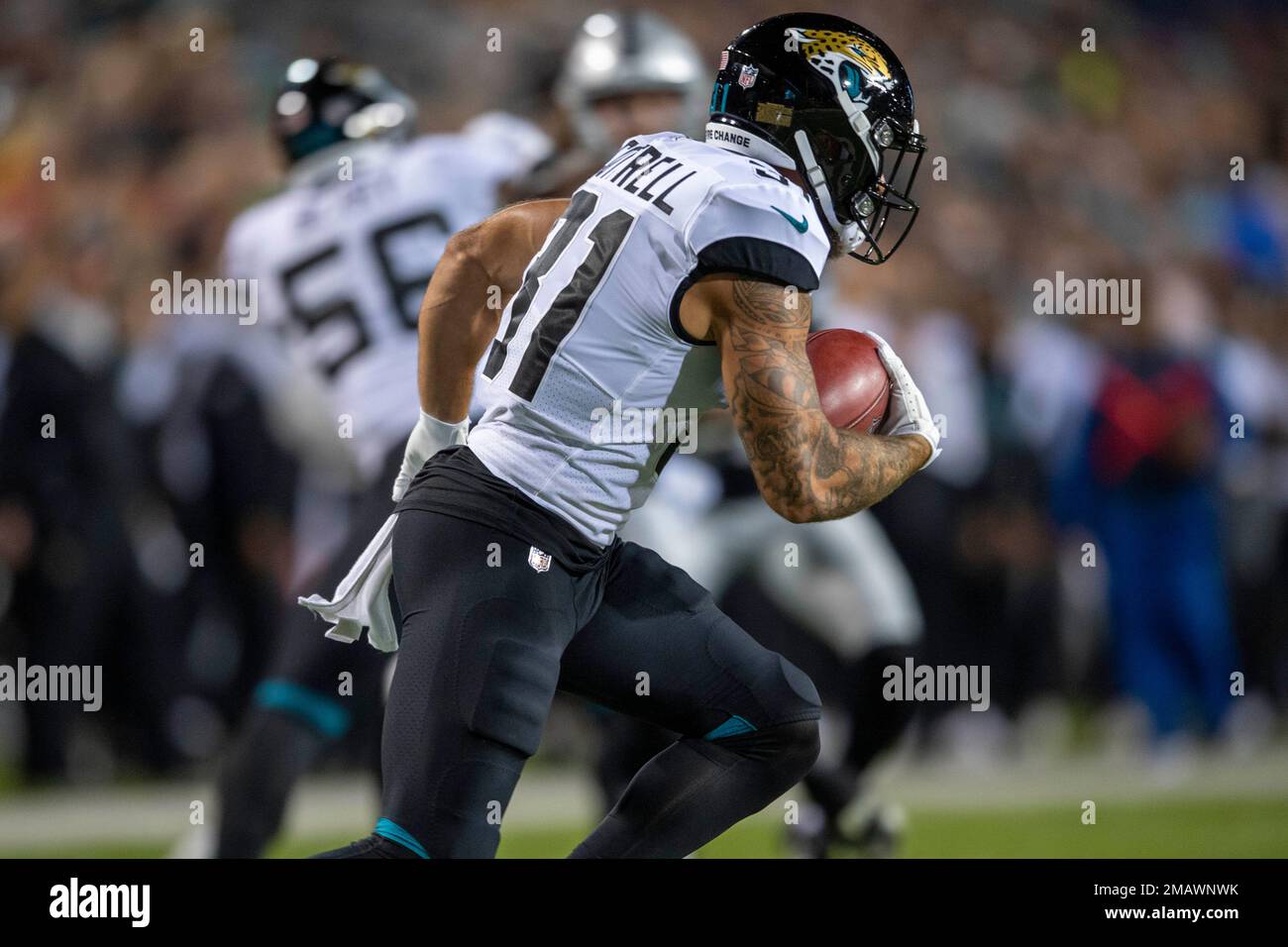 Jacksonville Jaguars defensive back Shabari Davis is tackled by Las Vegas  Raiders defensive end Tashawn Bower during the second half of the NFL  football exhibition Hall of Fame Game, Thursday, Aug. 4