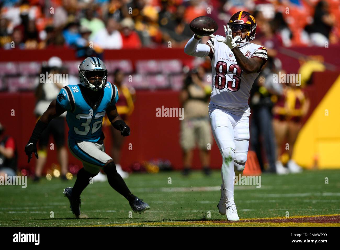 Carolina Panthers cornerback Tae Hayes (32) runs during an NFL football game  against the Washington Commanders, Saturday, Aug. 13, 2022 in Landover. (AP  Photo/Daniel Kucin Jr Stock Photo - Alamy