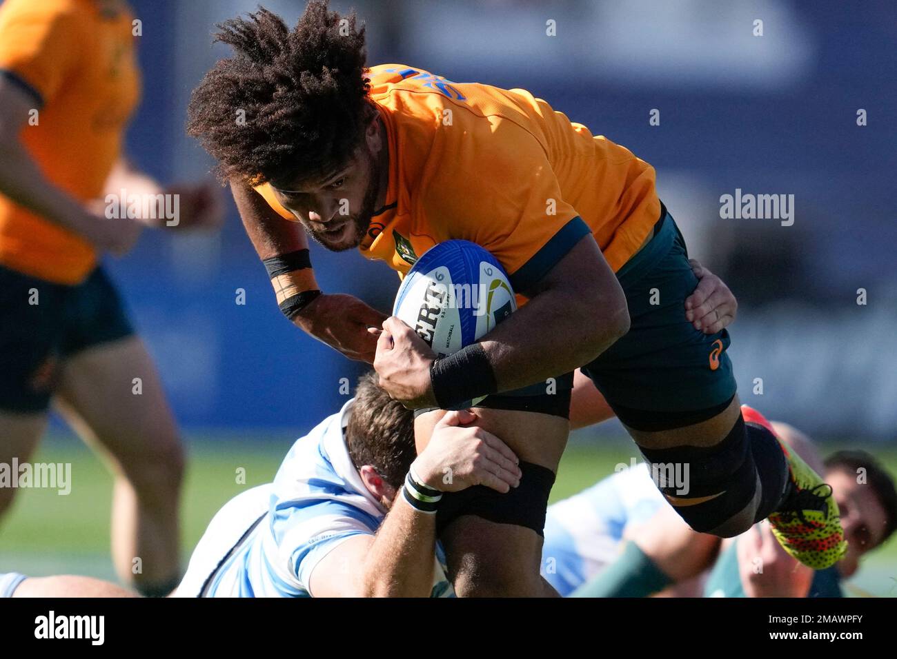 Australia's Rob Valetini is tackled by Argentina's Julian Montoya ...