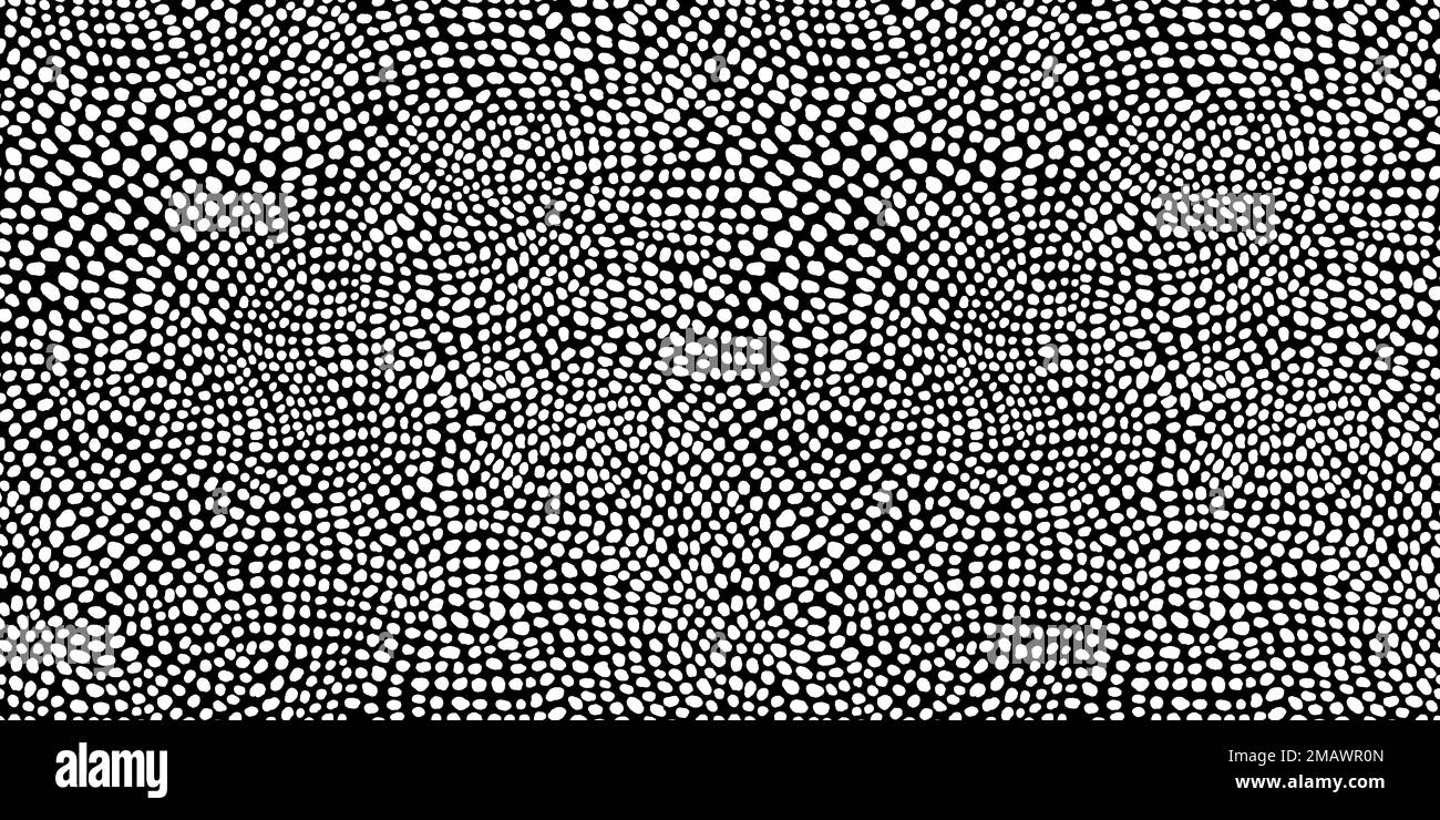 Seamless hand drawn small dense polkadot animal spots pattern in white on black background. Abstract aboriginal dot art motif or organic cellular text Stock Photo