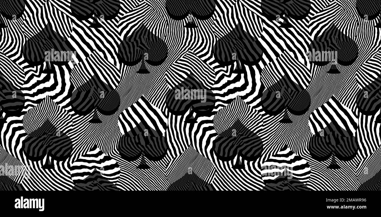 Seamless zebra or tiger stripe spades playing card suit pattern. Black and white Alice in Wonderland psychedelic opart wallpaper design motif. Gaming, Stock Photo
