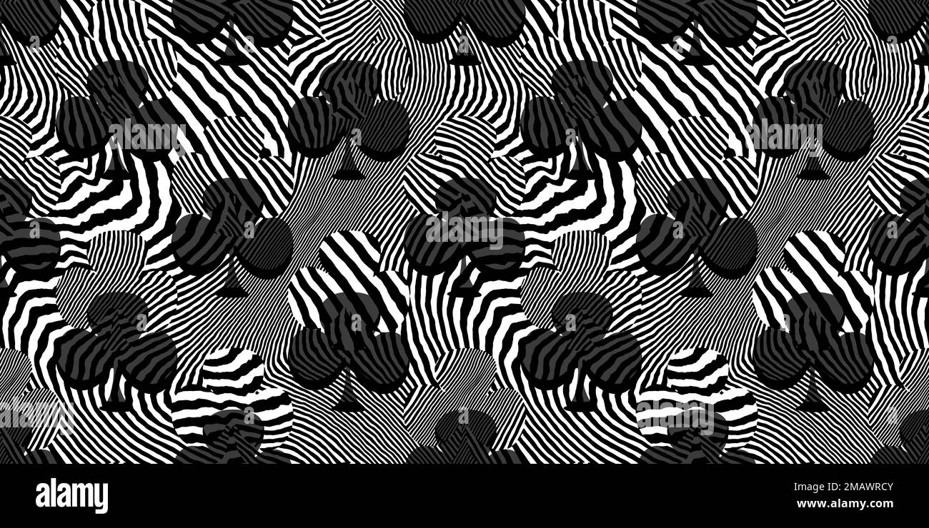 Seamless zebra or tiger stripe clubs or clover playing card suit pattern. Black and white Alice in Wonderland psychedelic wallpaper design motif. Gami Stock Photo