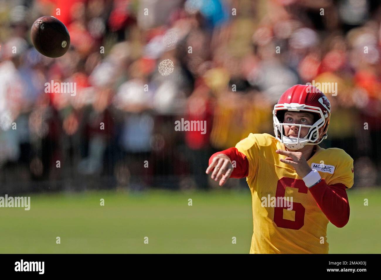 Kansas City Chiefs quarterback Shane Buechele (6) runs with the ball during  an NFL pre-season football game against the Washington Commanders Saturday,  Aug. 20, 2022, in Kansas City, Mo. (AP Photo/Peter Aiken