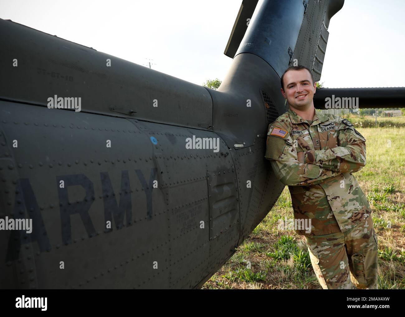 FORT CHAFFEE, ARKANSAS - Today's Soldier of the Day is Chief Warrant Officer 2nd Grade Rynne Banks of Springdale, Ark. Chief Banks is a Medical Evacuation Pilot with G Company 3-238th General Support Aviation Battalion.   Banks and his crew run mission essential casualty evacuation flights for the 39th Infantry Brigade Combat Team and the 77th Combat Aviation Brigade in a UH-60L Blackhawk Helicopter.   When he's not in the air you can find Banks in the lecture hall at UALR where he is a full-time student seeking a Bachelors of Science in Physics. His time in the air and his time in the classro Stock Photo