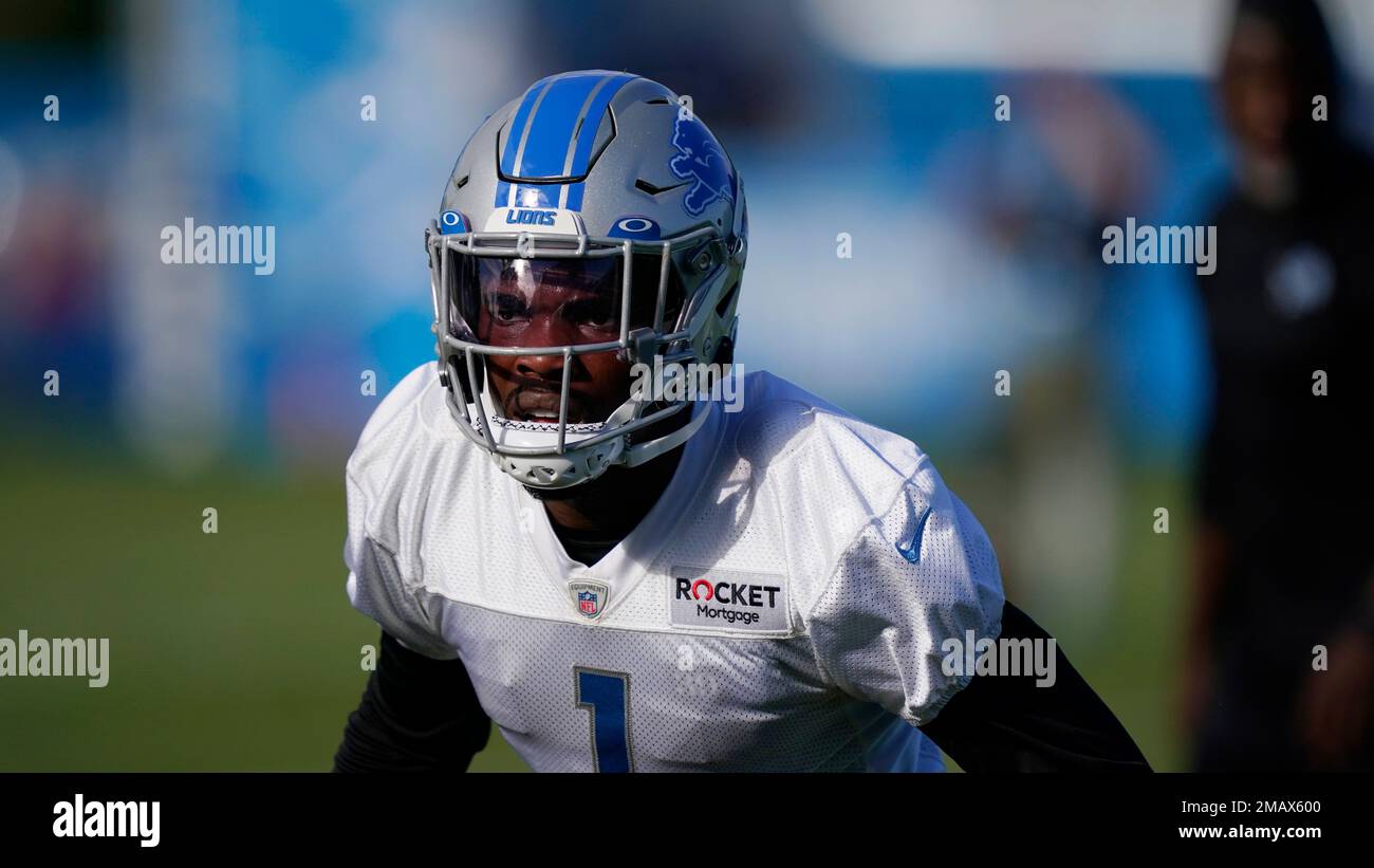 Detroit Lions cornerback Jeff Okudah performs during drills at the